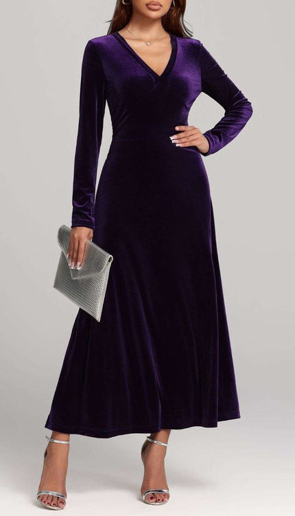 V-Neck Long Sleeve Velvet Dress