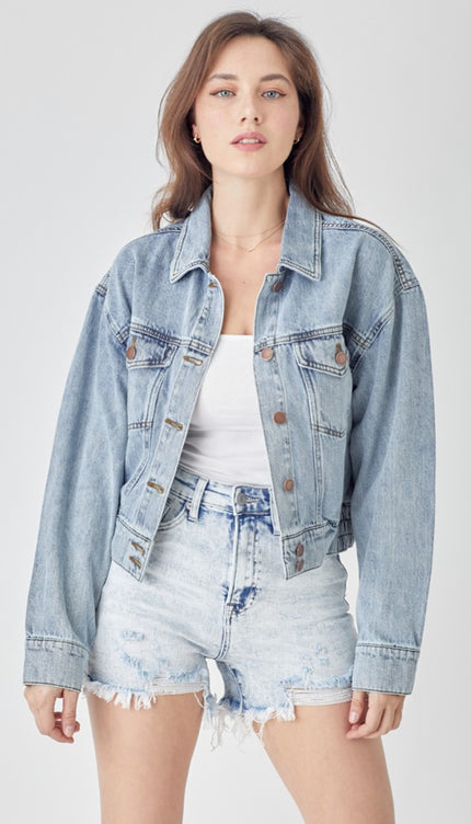 RISEN Full Size Button Down Cropped Denim Jacket