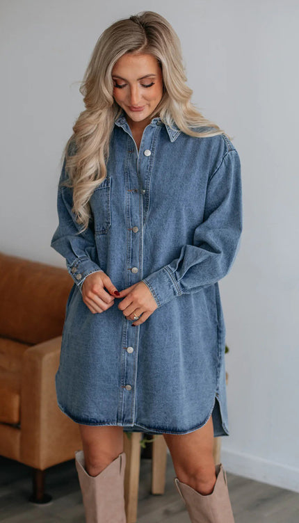 Button Up Collared Neck Long Sleeve Denim Dress