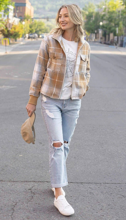 Flannel Plaid Jacket in Camel-Ivory