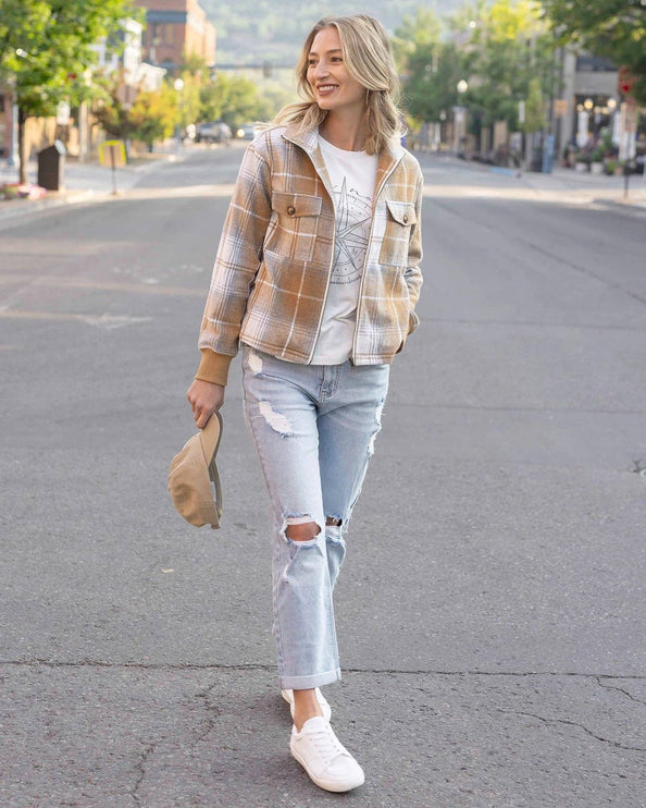 Flannel Plaid Jacket in Camel-Ivory