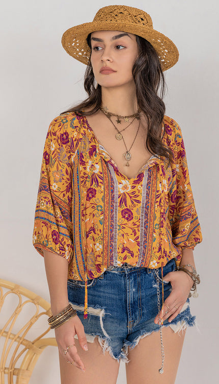 Modish Rustic Chic Print Tie Neck Blouse