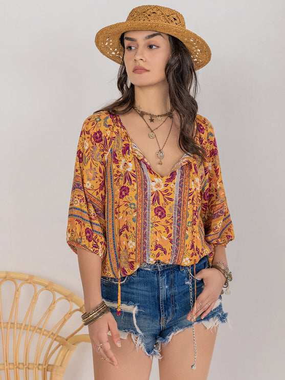 Modish Rustic Chic Print Tie Neck Blouse