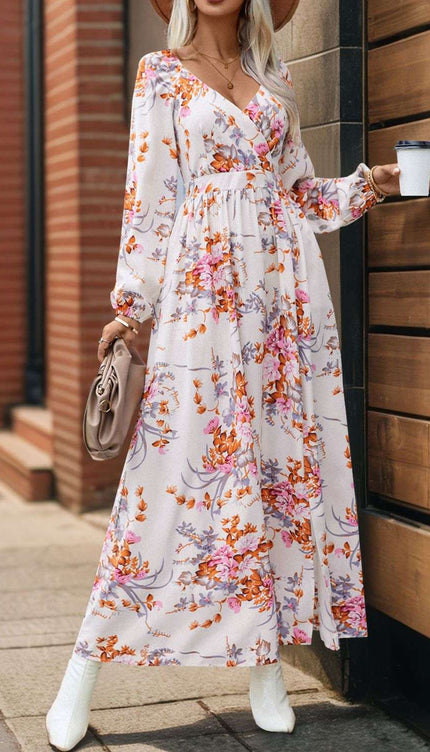 Perfee Slit Printed Surplice Long Sleeve Maxi Dress