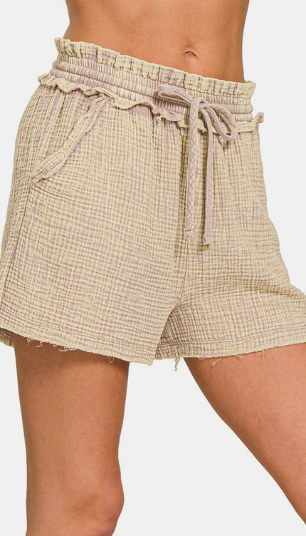 Zenana Washed Frayed Hem Drawstring Shorts-Modish