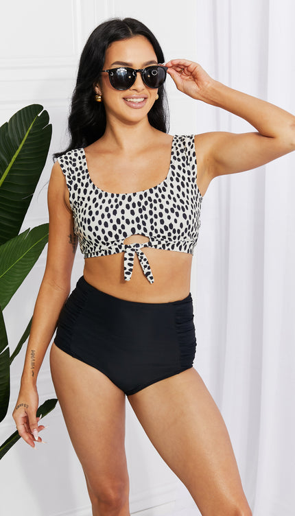 Marina West Swim Sanibel Crop Swim Top and Ruched Bottoms Set in Black-Modish