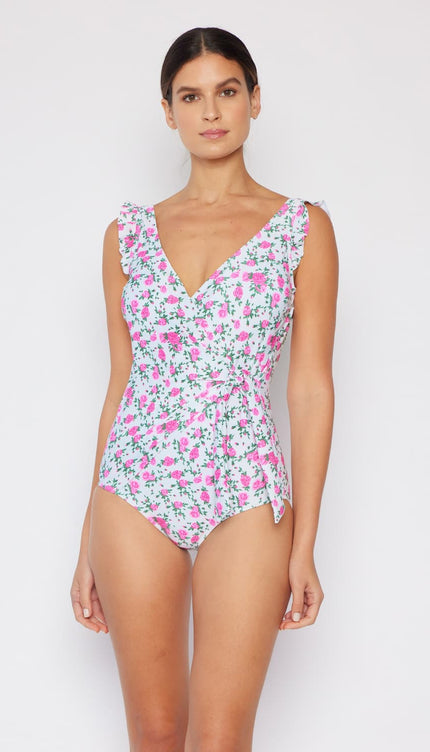 Marina West Swim Full Size Float On Ruffle Faux Wrap One-Piece in Roses Off-White-Modish