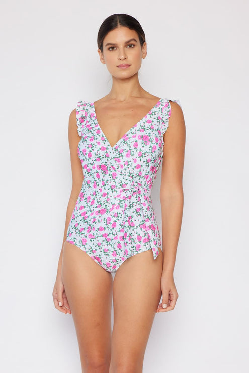 Marina West Swim Full Size Float On Ruffle Faux Wrap One-Piece in Roses Off-White-Modish