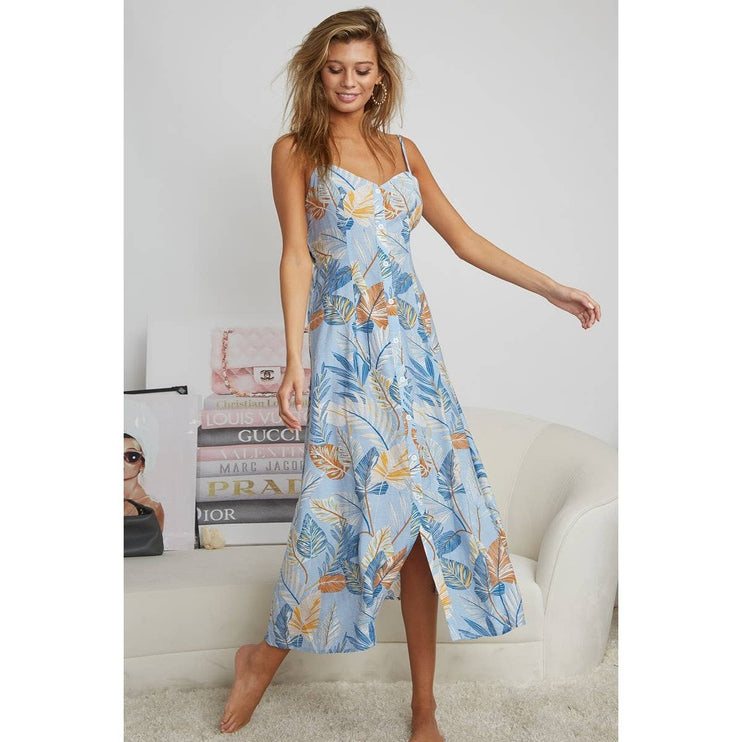 OPEN BACK WITH TIE TROPICAL PRINT DRESS