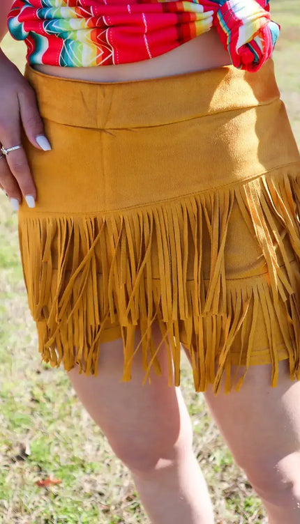 Holy Cow Vegan Suede Fringe Front Shorts - Mustard