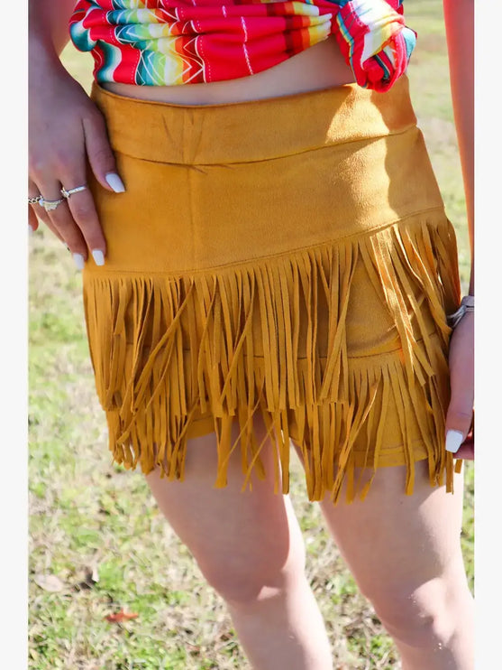 Holy Cow Vegan Suede Fringe Front Shorts - Mustard