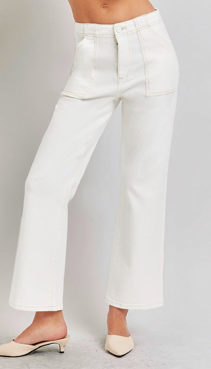 RISEN High Rise Ankle Flare Jeans with Patch Pockets