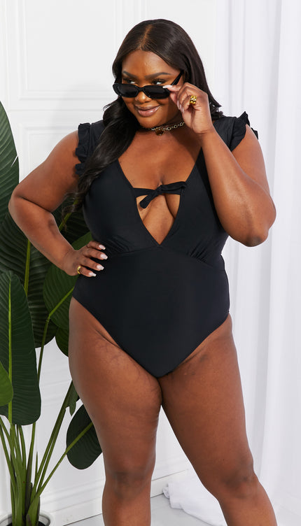 Marina West Swim Seashell Ruffle Sleeve One-Piece in Black-Modish