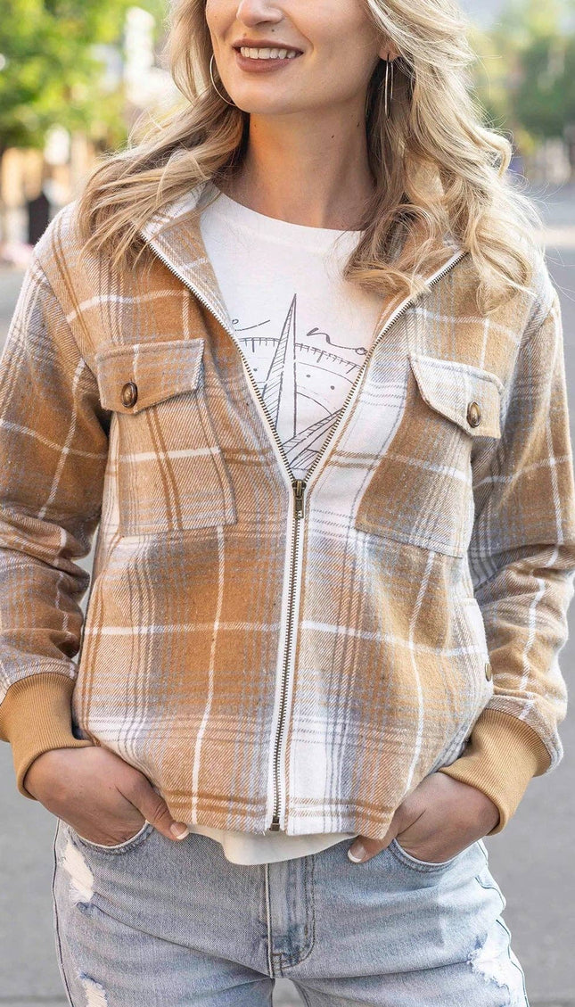 Flannel Plaid Jacket in Camel-Ivory