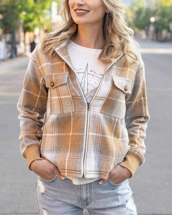 Flannel Plaid Jacket in Camel-Ivory