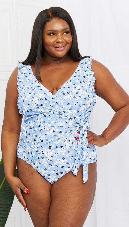 Marina West Swim Full Size Float On Ruffle Faux Wrap One-Piece in Blossom Blue-Modish