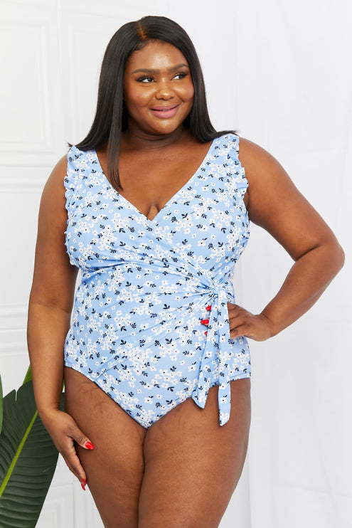 Marina West Swim Full Size Float On Ruffle Faux Wrap One-Piece in Blossom Blue-Modish