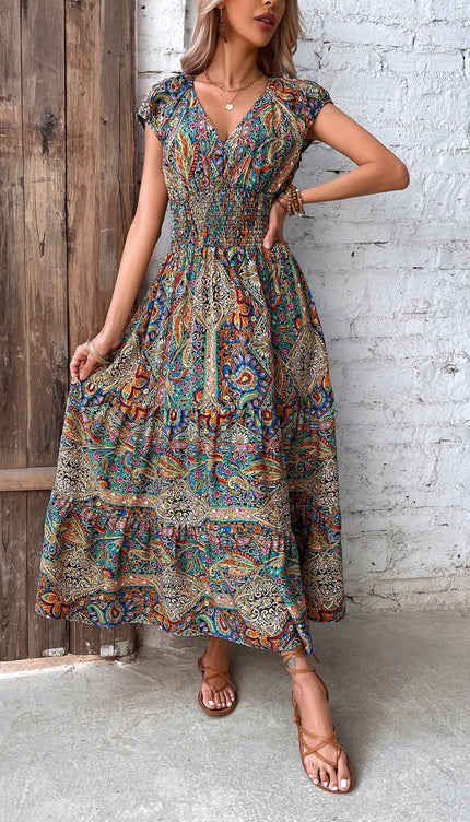 Modish Rustic Chic Smocked Print Midi Dress