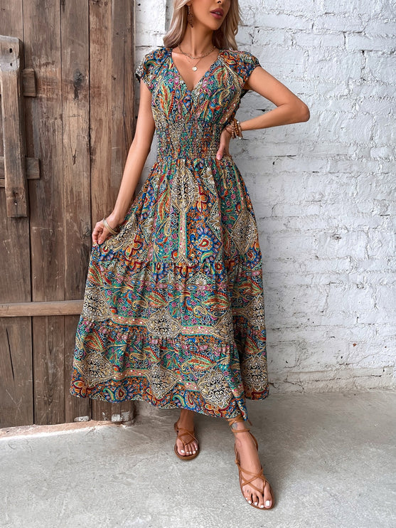 Modish Rustic Chic Smocked Print Midi Dress