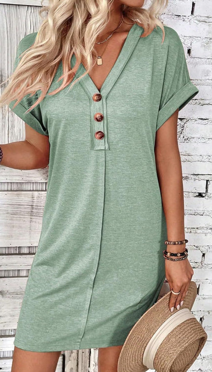 Modish - Quarter Button V-Neck Short Sleeve Dress