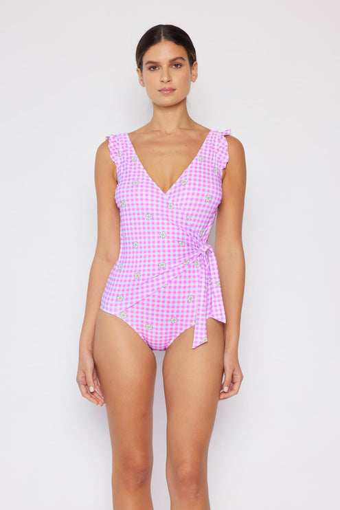 Marina West Swim Full Size Float On Ruffle Faux Wrap One-Piece in Carnation Pink-Modish