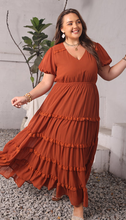 Modish Plus Size Ruched Lace Detail V-Neck Short Sleeve Dress