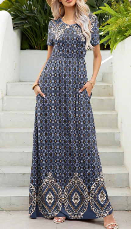 Modish Print Round Neck Maxi Dress-Modish