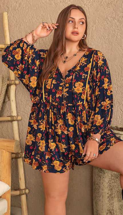 Modish Rustic Chic Plus Size Floral Tie Neck Balloon Sleeve Romper