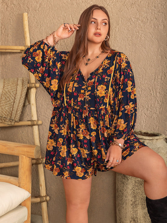 Modish Rustic Chic Plus Size Floral Tie Neck Balloon Sleeve Romper