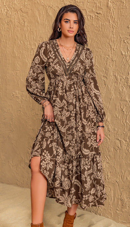 Ruched Printed V-Neck Long Sleeve Midi Dress