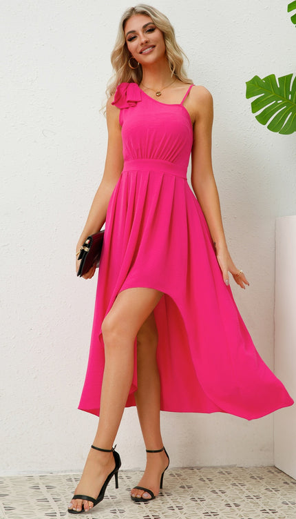 Bow Asymmetrical Neck Sleeveless Dress