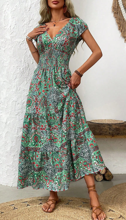 Modish Rustic Chic Smocked Print Midi Dress