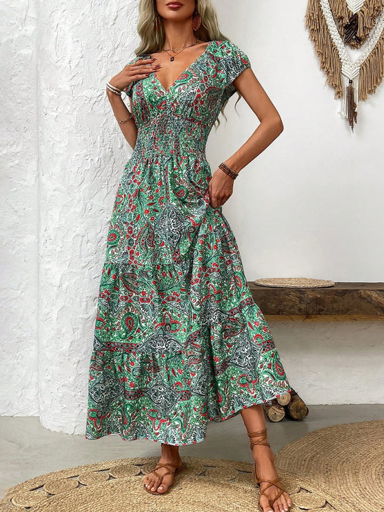 Modish Rustic Chic Smocked Print Midi Dress