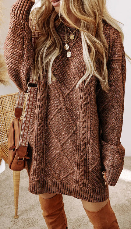 Cable-Knit Round Neck Sweater Dress