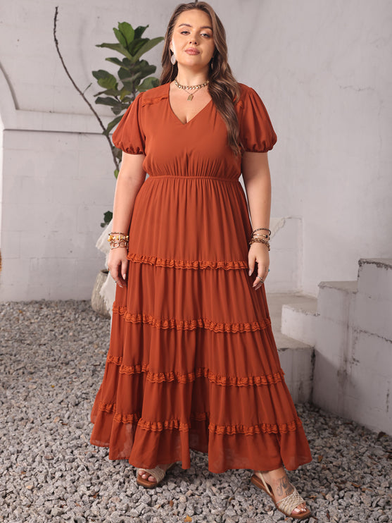 Modish Plus Size Ruched Lace Detail V-Neck Short Sleeve Dress