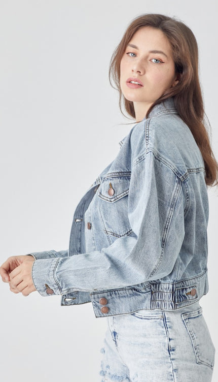 RISEN Full Size Button Down Cropped Denim Jacket