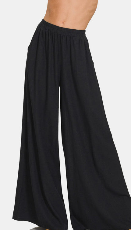 Zenana Pleated Linen Blend Wide Leg Pants-Modish