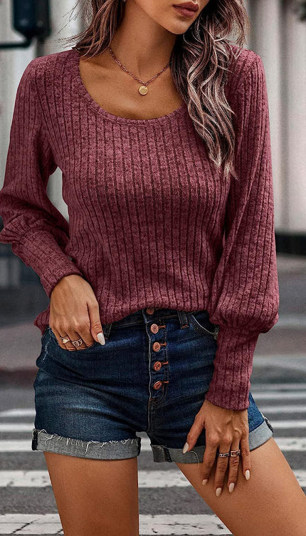 Ribbed Round Neck Lantern Sleeve Blouse