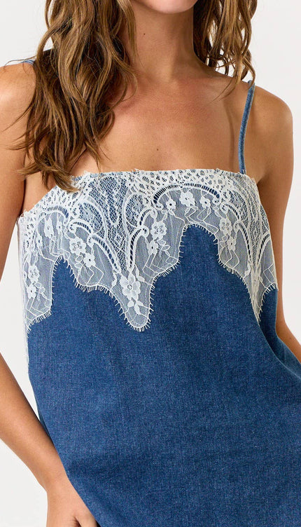 Modish Rustic Lace Detail Denim Mini Dress