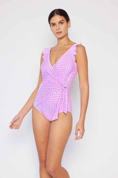 Marina West Swim Full Size Float On Ruffle Faux Wrap One-Piece in Carnation Pink-Modish