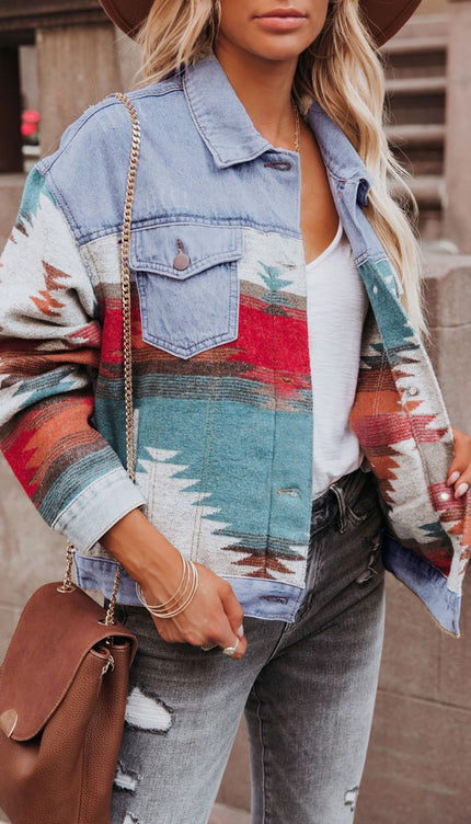 Geometric Button Up Long Sleeve Denim Jacket