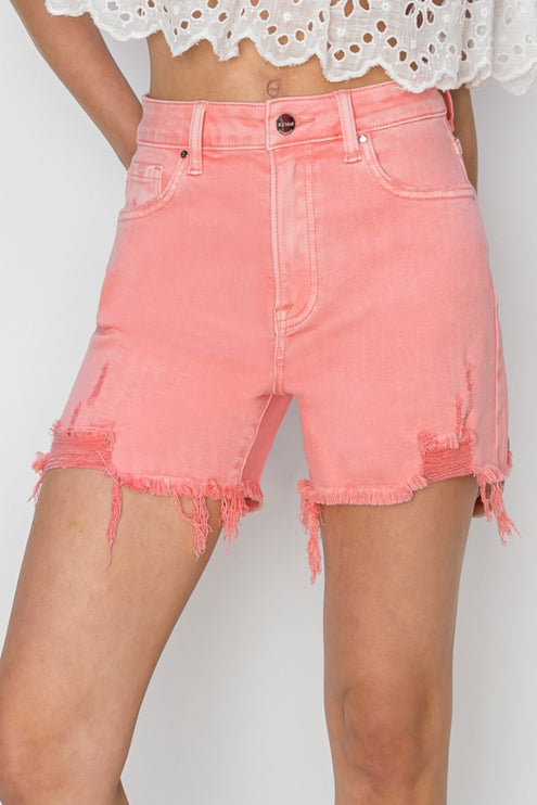 RISEN High Rise Distressed Denim Shorts-Modish