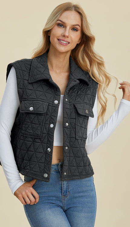 Double Take Full Size Pocketed Texture Snap Down Vest Coat