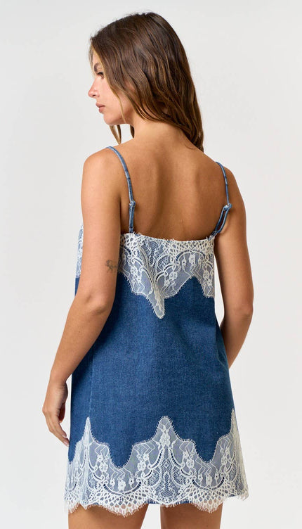 Modish Rustic Lace Detail Denim Mini Dress