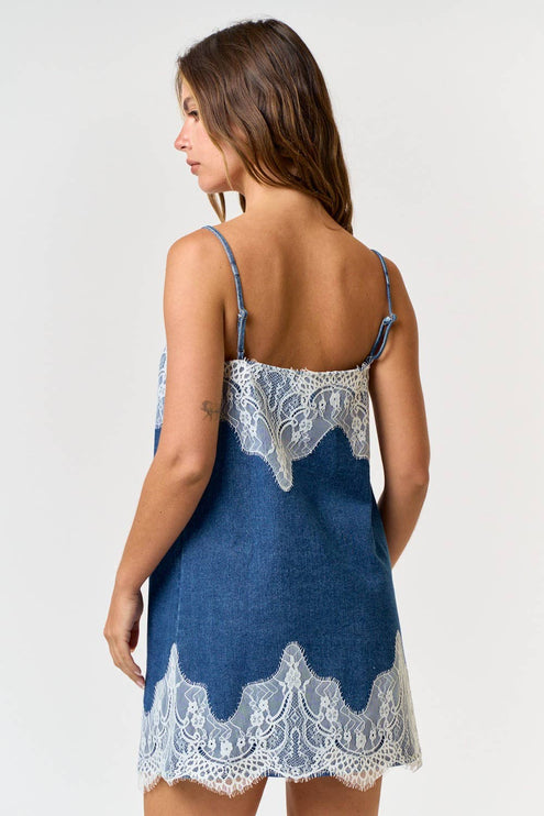 Modish Rustic Lace Detail Denim Mini Dress