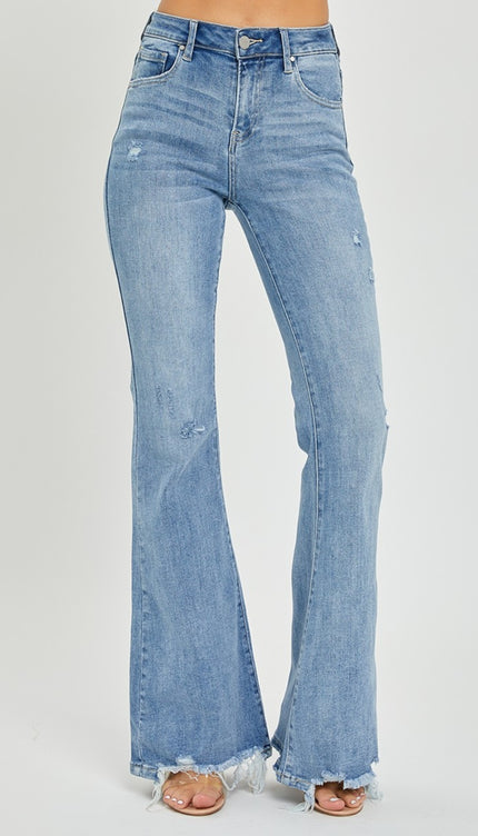 Risen Full Size High Rise Frayed Hem Flare Jeans