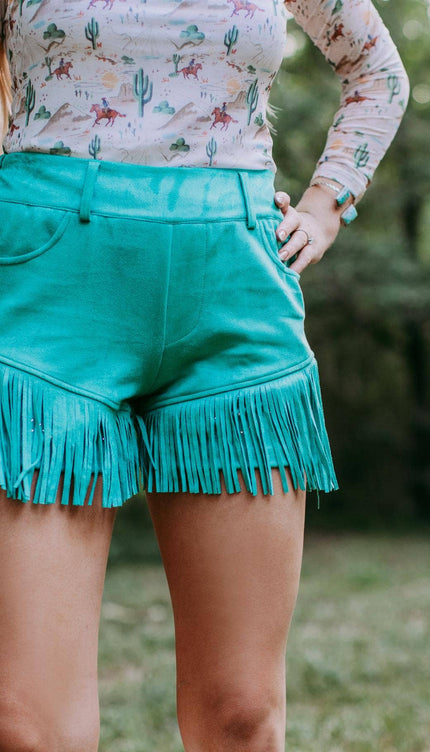 Dixie Rhinestone Embellished Fringe Shorts - Turquoise