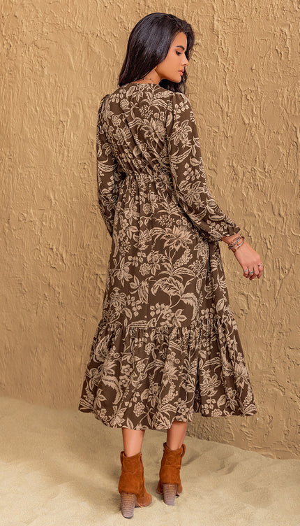 Ruched Printed V-Neck Long Sleeve Midi Dress