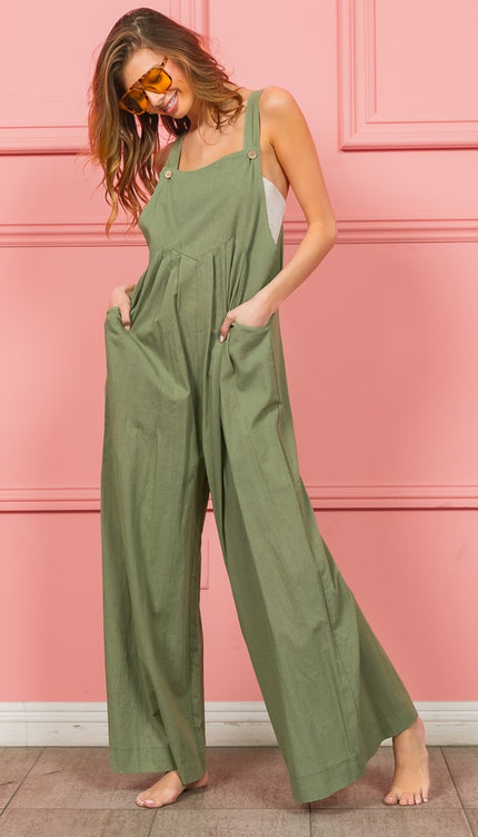 Ruched Wide Leg Overalls with Pockets