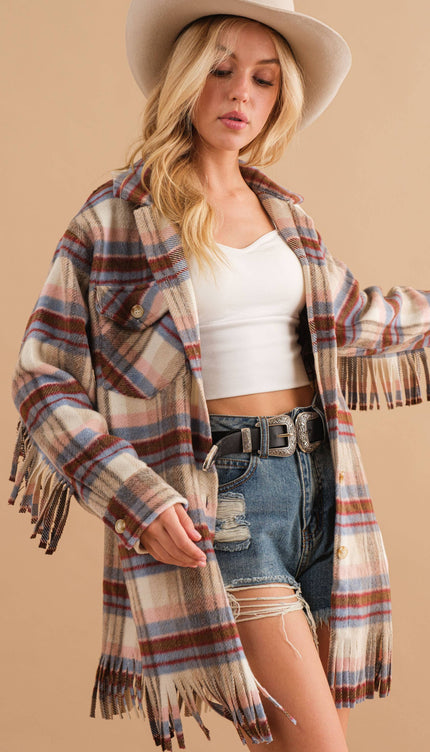 Blue B Yarn Dyed Plaid Chest Pocket Fringe Bottom Jacket